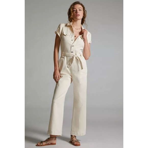 Maeve Anthropologie Jumpsuit Womens XL 12/14 White Belted Waist Collar Button Up - Picture 1 of 11